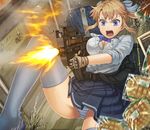  :o blonde_girl_(itou) blonde_hair blue_eyes blurry bra bread breasts bullet bullpup casing_ejection cleavage depth_of_field error firing food gloves grey_legwear gun highres holding itou_(onsoku_tassha) large_breasts long_hair melon_bread muzzle_flash open_mouth original p90 panties ponytail revision shell_casing shirt skirt sleeves_rolled_up solo submachine_gun sweat thighhighs underwear v-shaped_eyebrows weapon white_bra white_panties 