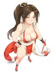  :p bare_shoulders breasts brown_eyes brown_hair cleavage closed_fan fan fatal_fury folding_fan foreshortening from_above hand_on_hip large_breasts long_hair no_panties pelvic_curtain ponytail revealing_clothes shikuta_maru shiranui_mai simple_background solo standing the_king_of_fighters thighs tongue tongue_out white_background 