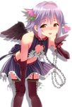  :d bad_id bad_pixiv_id black_legwear blush brown_hair chain cleavage_cutout collar cuffs elbow_gloves garter_straps gloves hand_on_leg heart heart_cutout idolmaster idolmaster_cinderella_girls koshimizu_sachiko lavender_hair long_hair looking_at_viewer open_mouth skirt smile solo sonsoso thighhighs white_background wings 