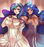  bare_shoulders blue_eyes blue_hair breasts bridal_gauntlets celestia_(my_little_pony) cleavage crown dress elbow_gloves eyelashes gloves glowing_horn gown green_hair highres horn huge_breasts long_hair luna_(my_little_pony) maniacpaint multicolored_hair multiple_girls my_little_pony my_little_pony_friendship_is_magic no_bra personification pink_eyes purple_hair siblings sisters strapless strapless_dress tan very_long_hair 