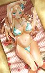  absurdres arm_above_head armpits bikini blonde_hair blue_bikini blue_eyes blush boku_wa_tomodachi_ga_sukunai breasts bug butterfly butterfly_hair_ornament front-tie_top hair_ornament highleg highleg_bikini highleg_swimsuit highres huge_breasts insect kashiwazaki_sena kukkumann long_hair lying navel on_back shade solo sweat swimsuit underboob 