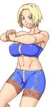  adapted_costume bandeau bare_shoulders bike_shorts blonde_hair blue_eyes breasts cracking_knuckles final_fantasy final_fantasy_tactics grin large_breasts monk_(fft) navel short_hair shorts simple_background smile solo strapless toned tsukudani_(coke-buta) white_background 