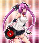  beatmania beatmania_iidx elbow_gloves fingerless_gloves gloves hazuki_(nyorosuke) long_hair miniskirt mizushiro_celica pleated_skirt purple_eyes purple_hair record skirt sleeveless smile solo twintails very_long_hair 