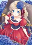  bad_id bad_pixiv_id blonde_hair blue_eyes blue_flower blue_rose braid bug butterfly corset dress flower hair_ornament insect kurumi_yukiko original petals photo_(object) red_dress ribbon rose solo twin_braids 