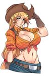  applejack belt blonde_hair breasts cleavage cowboy_hat earrings gloves green_eyes groin hat huge_breasts jewelry long_hair low-tied_long_hair maniacpaint midriff my_little_pony my_little_pony_friendship_is_magic navel pants personification plaid plaid_shirt ponytail shirt solo tied_shirt very_long_hair vest 