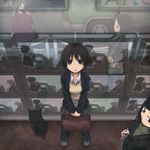  bag black_cat black_eyes black_hair cat commentary_request from_above glass ground_vehicle looking_up motor_vehicle multiple_girls original reflection short_hair television truck v_arms yajirushi_(chanoma) 