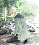  akise_aru bicycle cat child ground_vehicle hood hoodie jacket kneeling lirura male_focus mirai_nikki red_eyes revision solo white_hair 