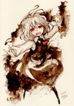  ascot blonde_hair colored_pencil_(medium) fangs hair_ribbon highres looking_at_viewer open_mouth outstretched_arms red_eyes revision ribbon rumia sakurai_haruto shirt short_hair skirt skirt_set smile solo touhou traditional_media vest watercolor_(medium) watercolor_pencil_(medium) 
