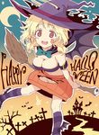  :d aine_(boku_ga_tenshi_ni_natta_wake) bandeau bare_tree bat bat_wings blonde_hair blush_stickers boku_ga_tenshi_ni_natta_wake bow breasts broom cape cleavage crescent cross crotch_cutout eyeball fujimaru_(bluebrand) halloween halo happy_halloween hat highres jack-o'-lantern jack-o'-lantern_cutout low_twintails mary_janes medium_breasts open_mouth pumpkin_skirt red_eyes shoes smile solo star star-shaped_pupils striped striped_legwear symbol-shaped_pupils tree twintails wings witch_hat 