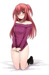  black_legwear blush collarbone covering covering_crotch erubo kneeling long_hair naked_sweater no_shoes orange_eyes original red_hair socks solo sweater two_side_up white_background 