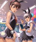  absurdres animal_ears aojin_(aojinchi) ass bad_id bad_pixiv_id balloon brown_eyes brown_hair bulge bunny_boy bunny_ears bunny_tail classroom crossdressing dress from_behind hair_ornament hairclip highres indoors male_focus multiple_boys open_mouth original otoko_no_ko ribbon sleeveless smile sweat tail waitress 