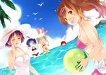  1boy 2bai 4girls :d :o ^_^ ahoge alternate_hairstyle ball beachball bikini bird black_bikini casual_one-piece_swimsuit chuunibyou_demo_koi_ga_shitai! closed_eyes cloud day dekomori_sanae double_bun dutch_angle frilled_bikini frills hair_ornament hairclip hand_on_own_cheek hat looking_at_viewer multiple_girls nibutani_shinka one-piece_swimsuit open_mouth partially_submerged pink_bikini raised_fist side_ponytail smile speech_bubble sun_hat swimsuit takanashi_rikka togashi_yuuta tsuyuri_kumin wading water white_swimsuit yellow_bikini yellow_eyes 