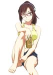  alcohol alternate_hairstyle barefoot beer beer_can breasts brown_hair can cosplay evangelion:_2.0_you_can_(not)_advance feet glasses green_eyes grin hairband katsuragi_misato katsuragi_misato_(cosplay) large_breasts long_legs makinami_mari_illustrious midriff navel neon_genesis_evangelion norizou one_eye_closed ponytail rebuild_of_evangelion revision sitting smile solo tank_top yebisu 