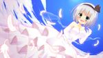  :d bare_shoulders bekotarou black_hairband blue_eyes blush breasts collarbone dress elbow_gloves feathers gloves hairband highres konpaku_youmu konpaku_youmu_(ghost) large_breasts looking_at_viewer open_mouth short_hair silver_hair sky smile solo touhou wedding_dress 