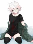  bad_id bad_pixiv_id crossdressing danganronpa grey_eyes jacket kanazawa_hiromu kneeling komaeda_nagito looking_at_viewer male_focus open_clothes open_jacket shirt smile solo super_danganronpa_2 thighhighs white_hair 