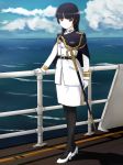  1girl badge belt black_hair cloud cloudy_sky cosplay electricdipole female_admiral_(kantai_collection) gloves gokou_ruri high_heels highres hime_cut kantai_collection leggings long_hair military military_uniform mole mole_under_eye naval_uniform ocean ore_no_imouto_ga_konna_ni_kawaii_wake_ga_nai railing red_eyes ship sky smile solo sword uniform watercraft weapon white_gloves 