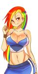  bangs bare_shoulders breasts cleavage contrapposto crop_top groin highres large_breasts long_hair maniacpaint midriff miniskirt multicolored multicolored_hair my_little_pony my_little_pony_friendship_is_magic navel personification rainbow_dash rainbow_hair red_eyes skirt smile solo standing sweatband 