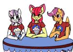  amber_eyes anthro anthrofied apple_bloom_(mlp) avante92 bow clothing cutie_mark_crusaders_(mlp) equine female friendship_is_magic glass green_eyes hair horn horse mammal my_little_pony pegasus plain_background pony purple_eyes purple_hair scootaloo_(mlp) straw sweetie_belle_(mlp) table two_tone_hair unicorn white_background wings 