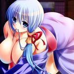  all_fours bare_shoulders blue_eyes blue_hair breasts hanging_breasts huge_breasts japanese_clothes kimono long_hair mouth_hold no_bra open_clothes original solo suzuki_nene yukata 