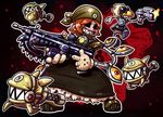  avery_(skullgirls) bandana blood blood_splatter bloody_weapon chainsaw dress extra_eyes eye_socket full_body grin gun handgun lancer_(weapon) mechanical_arms orange_hair parody peacock_(skullgirls) pistol rifle sarikyou sharp_teeth short_hair skullgirls smile teeth trigger_discipline very_short_hair weapon 