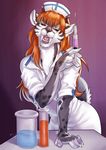  alanscampos ambiguous_gender claws clothed clothing demon fangs feline female fur grey_fur hair hat hi_res horn lips long_hair looking_at_viewer lyra_xisaru mammal nurse nurse_uniform orange_hair red_eyes sabertooth smile smilodon solo spots stripes syringe tiger vial white_fur 