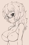  bare_shoulders beige_background blush bra breasts closed_mouth collarbone covered_nipples girls_und_panzer glasses large_breasts long_hair md5_mismatch monochrome nishino_eiichi oryou_(girls_und_panzer) simple_background smile smirk solo underwear upper_body wavy_hair 