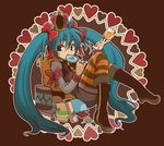  aqua_hair boots bow brown_eyes candy crown drink food hair_bow hatsune_miku heart lollipop long_hair pantyhose solo song_request striped striped_legwear toniomi very_long_hair vocaloid 