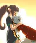  1girl beak brown_hair circlet closed_eyes crying dress flat_chest komali kusuri_kyouta leaning_on_person long_hair medli pointy_ears ponytail rito tabard tears the_legend_of_zelda the_legend_of_zelda:_the_wind_waker white_hair wings 