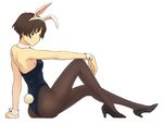  animal_ears arm_support ass bare_shoulders blush bob_cut brown_eyes brown_hair bunny_ears bunny_tail bunnysuit face full_body gake_no_ue_no_ponyo hands high_heels jas lisa_(ponyo) mature pantyhose revision shoes short_hair simple_background sitting solo tail wrist_cuffs 