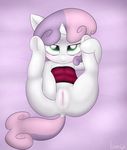  anus cub equine female feral friendship_is_magic fur green_eyes hair horn horse lamiaaaa looking_back lying mammal my_little_pony on_back pony presenting pussy solo sweetie_belle_(mlp) two_tone_hair unicorn white_fur young 