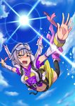  :d black_legwear blush boots brown_eyes cloud day detached_sleeves falling hair_ornament hairclip highres idolmaster idolmaster_cinderella_girls koshimizu_sachiko looking_at_viewer lyrical_denko midriff navel open_mouth outstretched_arms parachute short_hair shorts sky skydive smile solo spread_arms tears thighhighs 