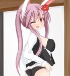  animal_ears ass bad_id bad_pixiv_id blush bra breasts bunny_ears chimunge dress_shirt flower hair_flower hair_ornament hairclip large_breasts long_hair one_eye_closed open_clothes open_shirt panties ponytail reisen_udongein_inaba shirt solo touhou underwear 