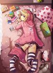  ass bed blonde_hair cd chips clock digital_media_player eating feet food heart hood hoodie ipod lying magazine mouth_hold muruaka on_stomach original panties pillow pocky purple_eyes resized revision skirt skirt_around_one_leg solo striped striped_legwear striped_panties thighhighs underwear 