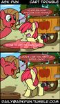 amber_eyes apple apple_bloom_(mlp) ask_pun brown_hair cart comic cub dialog dialogue duo equine facepalm female feral forest friendship_is_magic fruit fur green_eyes hair horse humor joke mammal my_little_pony pony pun pun_pony red_fur text tree tumblr wagon yellow_fur young 