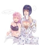  1girl black_hair bob_cut bruno_buccellati cup jojo_no_kimyou_na_bouken kaname_(emanalc) midriff pink_hair short_hair trish_una vento_aureo 