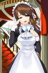  apron bangs brown_eyes brown_hair chief_maid long_hair lowres maid maid_headdress open_mouth snowball22 solo sword_girls tears wiping_tears 