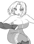  bare_shoulders blush boots breasts cleavage final_fantasy final_fantasy_tactics frown gauntlets greyscale large_breasts monk_(fft) monochrome short_hair simple_background solo tsukudani_(coke-buta) unitard white_background 