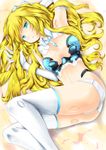  altrene ass blonde_hair blue_eyes blush breasts busou_shinki cleavage cleavage_cutout doll_joints elbow_gloves gloves hair_tousle highres large_breasts long_hair lying midriff necktie on_back r0g0b0 solo thighhighs 