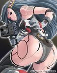  android ass bad_id bad_pixiv_id black_hair black_legwear blue_eyes from_behind gloves gun hair_ornament leotard looking_back original science_fiction smile solo sukabu thighhighs weapon 