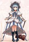  1girl :&gt; animal_hat blue_footwear blue_hair boots capelet cat_hat cross-laced_footwear dated dress frills hammer hat long_hair nosuku original red_eyes ribbon smile solo standing very_long_hair wrist_cuffs 