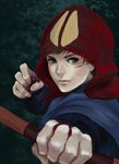  ashitaka bow_(weapon) brown_eyes foreshortening hood looking_at_viewer male_focus mononoke_hime pierrot31 scar solo studio_ghibli weapon 