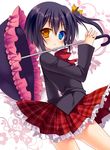  :&lt; black_hair blue_eyes blush chuunibyou_demo_koi_ga_shitai! frilled_skirt frills heterochromia highres long_hair looking_at_viewer matsumiya_kiseri no_eyepatch one_side_up plaid plaid_skirt school_uniform skirt solo takanashi_rikka umbrella yellow_eyes 