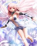  amaguchi_chiyoko armpits bad_id bad_pixiv_id bare_shoulders barefoot breasts center_opening choker cleavage feathers halo highres ikaros large_breasts long_hair navel parted_lips pink_hair red_eyes smile solo sora_no_otoshimono very_long_hair wings 