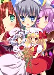  ascot bad_id bad_pixiv_id bat_wings blonde_hair blue_eyes blue_hair blush book bouquet braid crescent dress fang flandre_scarlet flower green_eyes hair_ribbon hat hat_ribbon highres hong_meiling izayoi_sakuya long_hair looking_at_viewer maid maid_headdress multiple_girls open_mouth patchouli_knowledge purple_eyes purple_hair red_eyes red_hair remilia_scarlet ribbon rikatan short_hair side_ponytail silver_hair smile touhou twin_braids wings 