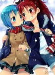  blue_eyes blue_hair blush bow cheek-to-cheek collarbone gleision_adain grin hair_bow hair_ornament hood hooded_jacket jacket jewelry long_hair mahou_shoujo_madoka_magica miki_sayaka multiple_girls open_clothes open_jacket red_eyes red_hair ring sakura_kyouko scarf scarf_grab school_uniform shirt short_hair shorts skirt smile snowing yuri 