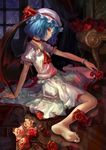  ascot barefoot bat_wings blue_hair feet flower hat hat_ribbon highres holding holding_flower l.green red_eyes red_flower red_rose remilia_scarlet ribbon rose sitting skirt slit_pupils soles solo toes touhou wariza window wings wrist_cuffs 