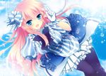  blue_eyes blue_legwear blush bow breasts gloves hair_bow ichiyou_moka long_hair looking_at_viewer medium_breasts megurine_luka pantyhose pink_hair project_diva_(series) project_diva_2nd solo sparkle striped vocaloid 