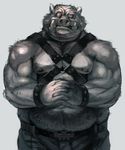  belt biceps boar bondage_gear chubby clothing front_view fur greyscale leather looking_at_viewer male mammal monochrome moto musclegut muscles nipples overweight pants pecs porcine pose solo standing topless trousers tusks 