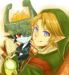  1girl bashikou blonde_hair blue_eyes crossed_arms earrings hat helmet imp jewelry link midna pointy_ears red_eyes smile the_legend_of_zelda the_legend_of_zelda:_twilight_princess 