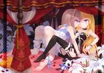  barefoot bed blonde_hair blue_eyes brown_hair choker feet garter_straps garters leg_ribbon multiple_girls mvv original panties ribbon ribbon_choker underwear wrist_cuffs yuri 